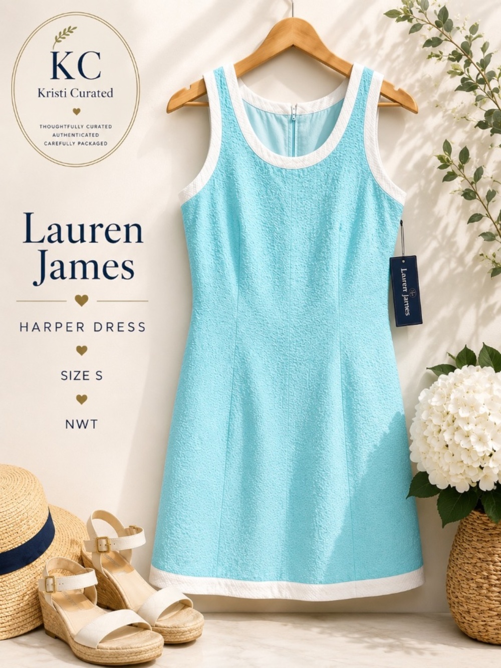 Lauren James Harper Seersucker Shift Dress Aqua White Size S NWT